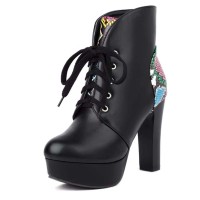 Round Toe Chunky Heels Snake Print Low Platforms Ankle Highs Lace Up Boots - Black Faux Leather