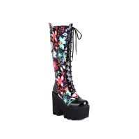 Round Toe Platforms Chunky Heels Flowers Punk Lace Up Winter Boots with Side Zipper - Black