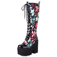 Round Toe Chunky Heels Lace Up Flower Texture Cross Straps Platforms Knee Highs Boots - Black Patent