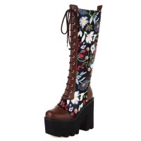 Round Toe Chunky Heels Lace Up Flower Texture Cross Straps Platforms Knee Highs Boots - Brown Faux Leather