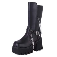 Square Toe Punk Metal Chain Chunky Heels Platforms Side Zipper Boots - Black Faux Leather