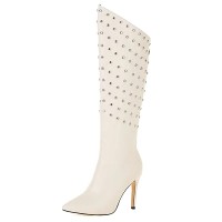 Pointed Toe Knee Highs Stiletto Heels Side Zipper Rivets Punk Boots - Beige