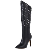 Pointed Toe Knee Highs Stiletto Heels Side Zipper Rivets Punk Boots - Black