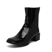 Square Toe Back Zipper Low Chunky Heels Back Zipper Ankle Highs Boots - Black Patent