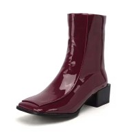 Square Toe Back Zipper Low Chunky Heels Back Zipper Ankle Highs Boots - Wine Patent