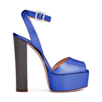 Chunky Heels Ankle Straps Peep Toe Platform Sandals - Blue Faux Leather