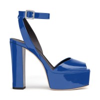 Chunky Heels Ankle Straps Peep Toe Platform Patent Sandals- Blue