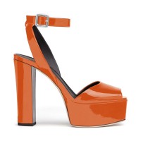 Chunky Heels Ankle Straps Peep Toe Platform Patent Sandals- Dark Orange	