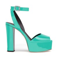 Chunky Heels Ankle Straps Peep Toe Platform Patent Sandals- Turquoise