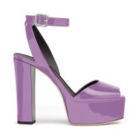Chunky Heels Ankle Straps Peep Toe Platform Patent Sandals- Violet