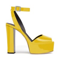 Chunky Heels Ankle Straps Peep Toe Platform Sandals - Yellow Patent