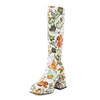 Square Toe Chunky Heels Lace Up Flower Texture Low Platforms Knee Highs Boots - Green Faux Leather