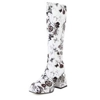 Square Toe Chunky Heels Lace Up Flower Texture Low Platforms Knee Highs Boots - White Faux Leather