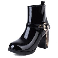 Round Toe Chunky Heels Side Zipper Ankle Highs Buckle Straps Chain Boots - Black