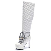 Round Toe Dimensional Lattice Decorated Lace Up Platforms Thigh High Stiletto Boots - White