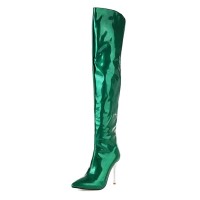 Pointed Toe Metal Stiletto Heels Over The Knees Thigh High Glossy Boots - Green Patent