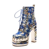 Round Toe Ethnic Floral Pearl with Rhinestones Chunky Heels Ankle Highs Autumn Platforms Boots - Blue