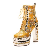 Round Toe Ethnic Floral Pearl with Rhinestones Chunky Heels Ankle Highs Autumn Platforms Boots - Yellow