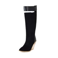 Pointed Toe Cuban Half Wedge Heels Back Zipper Boots  - Black
