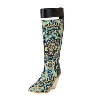 Pointed Toe Half Wedges Knee Highs Chunky Heels Zipper Boots - Green Microfiber