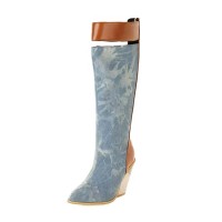 Pointed Toe Half Wedges Knee Highs Chunky Heels Zipper Boots - SkyBlue Microfiber