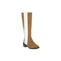  Round Toe Denim Style Knee Highs Zipper Flats Boots - Auburn