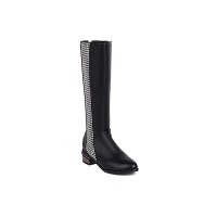  Round Toe Denim Style Knee Highs Zipper Crowbar Pattern Flats Boots - Black