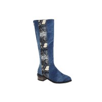  Round Toe Denim Style Knee Highs Zipper Snake Print Pattern Flats Boots - Blue