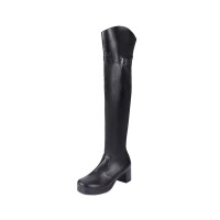 Chunky Heels Round Toe Autumn Side Zipper Decorated Straps Knee High Boots - Black