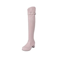 Chunky Heels Round Toe Autumn Side Zipper Decorated Straps Knee High Boots - Pink