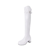 Chunky Heels Round Toe Autumn Side Zipper Decorated Straps Knee High Boots - White