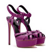 Italian Heels Ankle Straps Peep Toe Platform Patent Stiletto Sandals - Purple