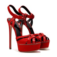 Italian Heels Ankle Straps Peep Toe Platform Patent Stiletto Sandals - Red