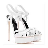 Italian Heels Ankle Straps Peep Toe Platform Patent Stiletto Sandals - White