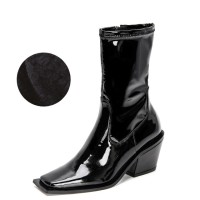 Square Toe Side Zipper Chunky Heels Patent Winter Boots - Black