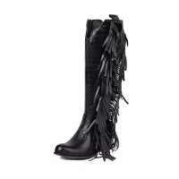 Square Toe Knee Highs Tassel Decorated Chunky Heels Crocodile Pattern Western Style Boots - Black Faux Leather