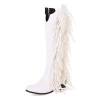 Square Toe Knee Highs Tassel Decorated Chunky Heels Crocodile Pattern Western Style Boots - White Faux Leather