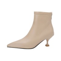 Pointed Toe Kitten Square Heels Back Zipper Rustic Ankle Booties - Beige