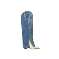 Chunky Heels Pointed Toe Denim Stitching Western Style Knee Highs Boots