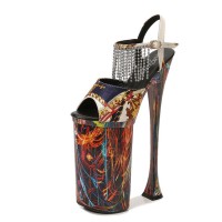 Peep Toe Strange Slim Pointed Ultra Heels Rhinestones Fringe Ankle Buckle Straps Pumps - Black