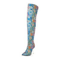 Pointed Toe Stiletto Heels Ethnic Flower Style Thigh High Over The Knees Boots - Blue Faux Leather