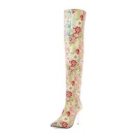 Pointed Toe Stiletto Heels Ethnic Flower Style Thigh High Over The Knees Boots - Gold Faux Leather