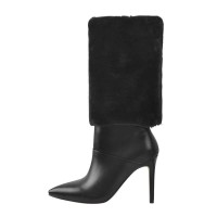 Pointed Toe Stiletto Heels Short Flock Trousers Tube Warm Knee Highs Winter Booties - Black Faux Leather