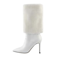 Pointed Toe Stiletto Heels Short Flock Trousers Tube Warm Knee Highs Winter Booties - White Faux Leather