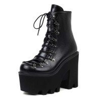 Round Toe Lace Up Punk Gothic Ankle Highs  Platforms Chunky Heels Boots - Black Faux Leather