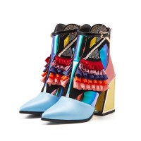 Chunky Heels Pointed Toe Ankle Straps Birdy Boots with Zipper - Multicolor