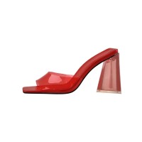 Chunky Heels Square Peep Toe Transparent Sandals  - Red