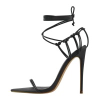 Pointed Open Toe Cross-tied Gladiator Lace Up Stiletto Heels Sandals - Black Faux Leather