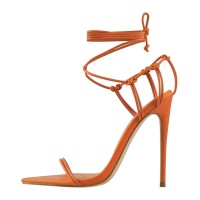Pointed Open Toe Cross-tied Gladiator Lace Up Stiletto Heels Sandals - Orange Faux Leather