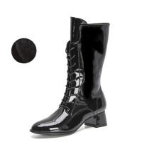 Pointed Toe Side Zipper Chunky Heels Knee Highs Winter Boots - Black